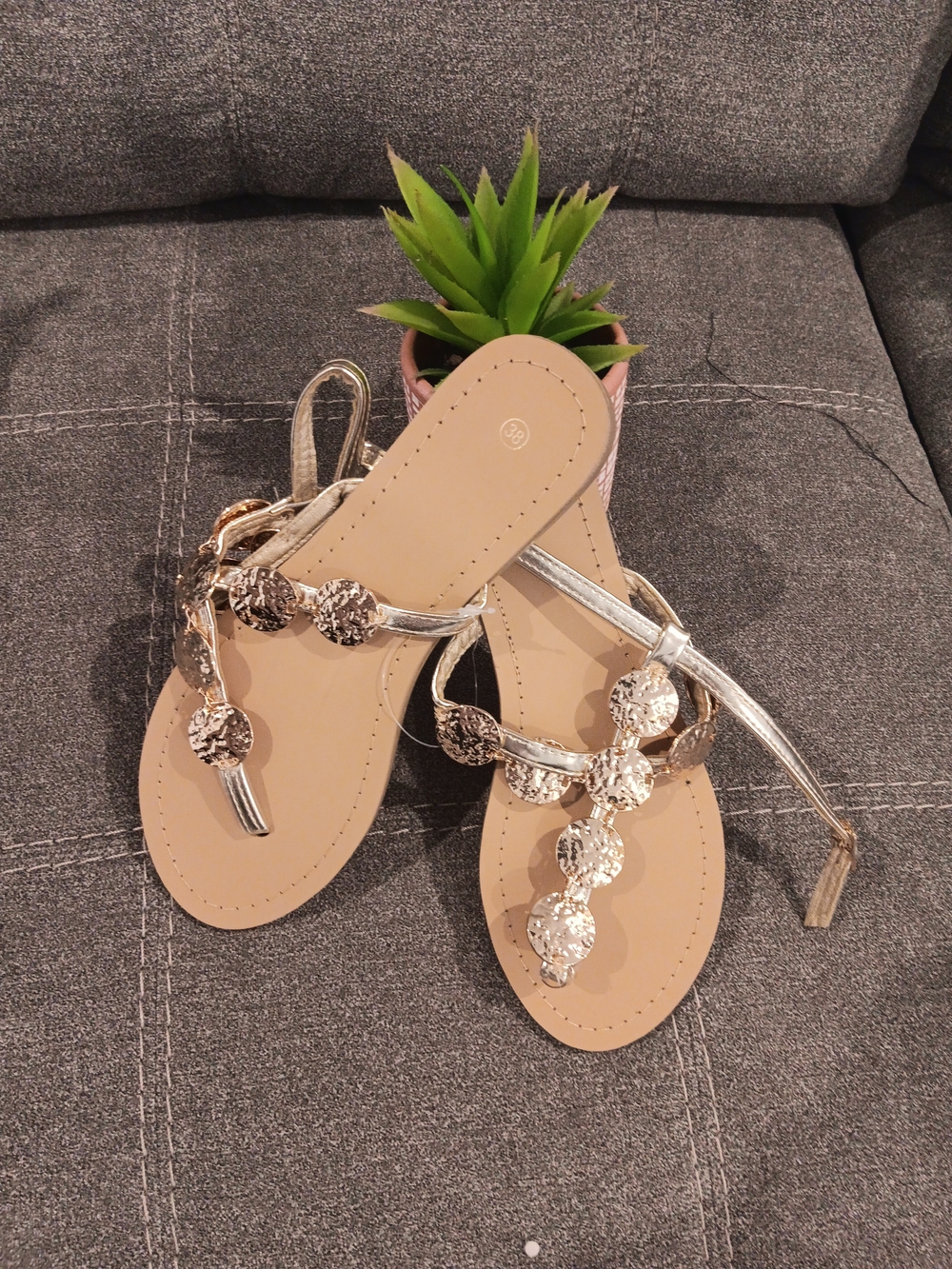 & Other Stories Metallic Silver Coin-Embellished T-Strap Sandals